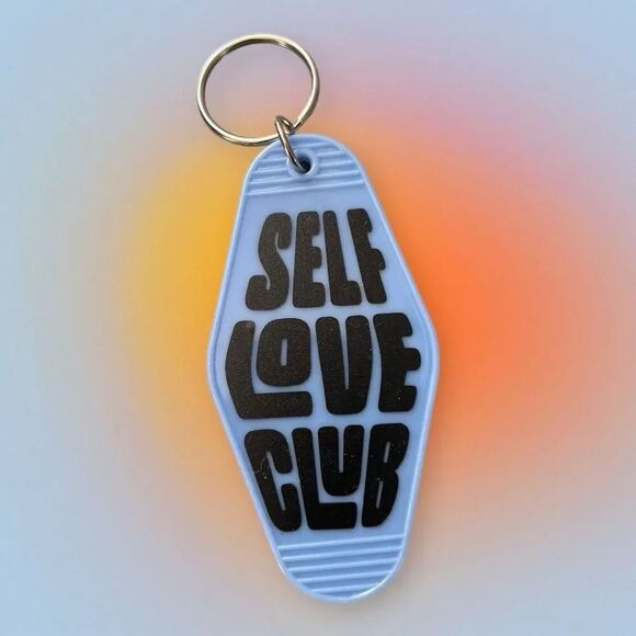 Blue "Self Love Club" Floral Keychain Double-Sided Design - Picture 1 of 2